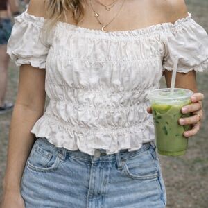 Smocked Off Shoulder Peasant Top | Cream White | Size M